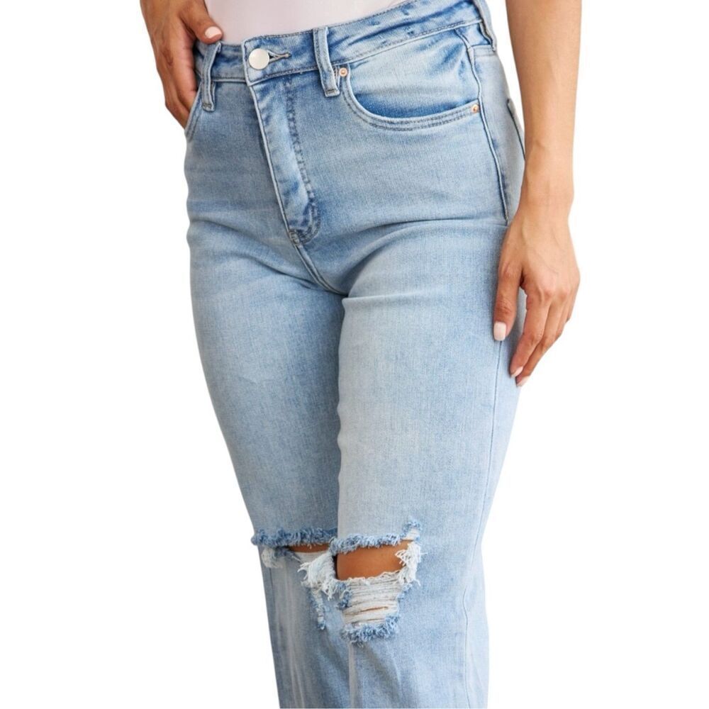 High Rise Tummy Control Cropped Jeans Distressed Light Wash Raw Hem Stretch RFM - Picture 5 of 10
